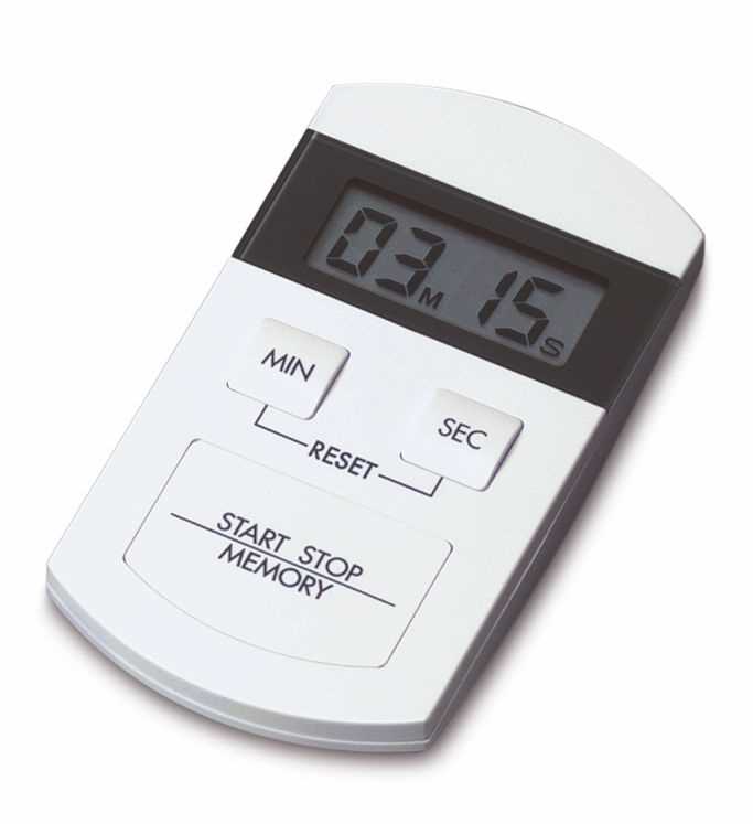 Digitaler Timer mit LCD-Anzeige und Tasten für MIN, SEC, RESET sowie START/STOP MEMORY