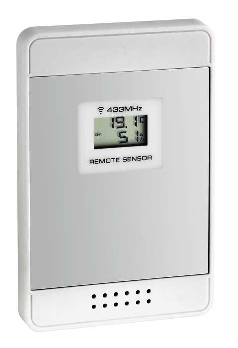 Weißes Sensorgerät mit kleinem Display für 19,1 °C und 54 % sowie Lochreihe unten