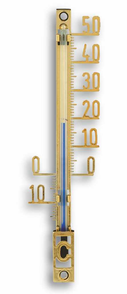 Schmales goldfarbenes Thermometer mit Aufhängeöffnung und Skala von -10 bis 50, blauer Flüssigkeitssäule