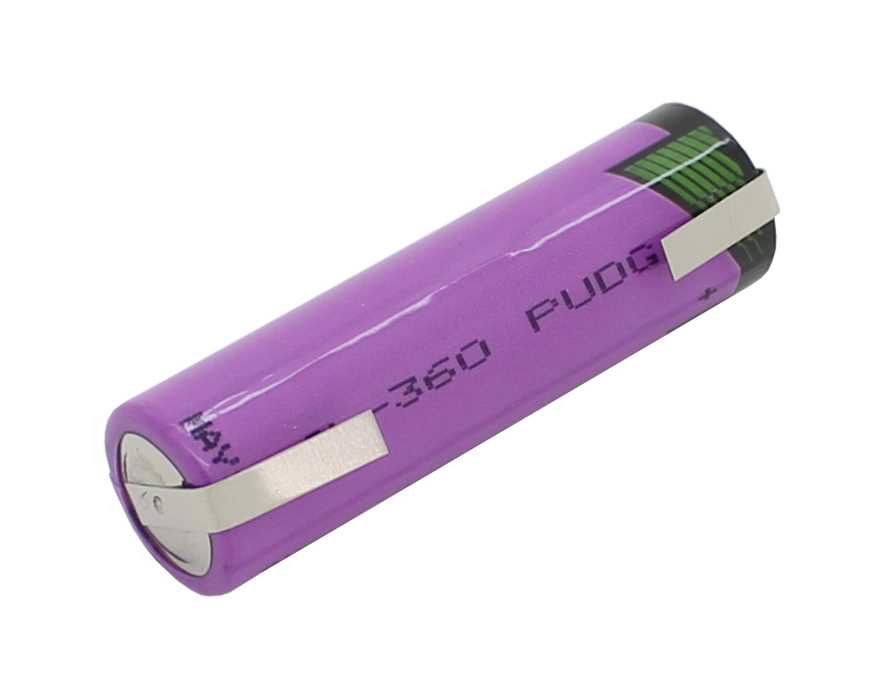 Lila AA-Batterie mit zwei Metall-Lötfahnen, eine am Pluspol und eine seitlich am Gehäuse