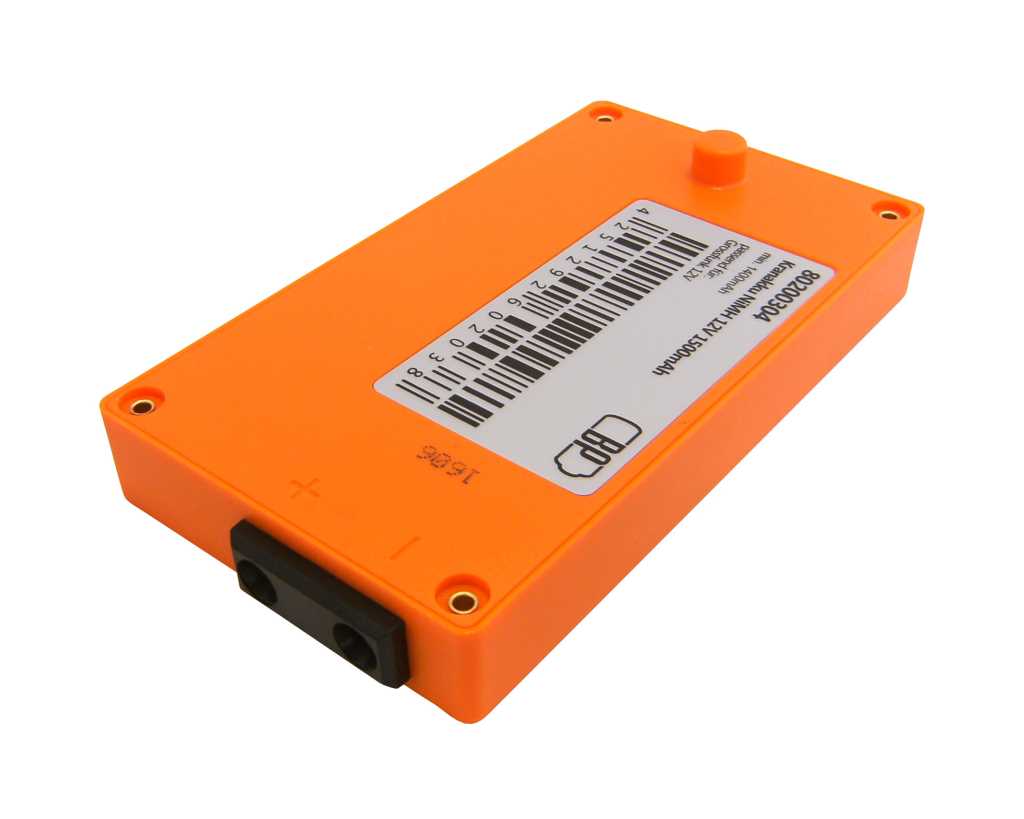 Oranges rechteckiges Akkupack mit Etikett, vier Schraublöchern, schwarzem Steckanschluss und kleinem Knopf oben links