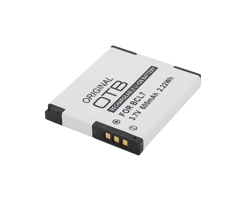 Weißer Kameraakku mit schwarzem Rand und drei goldenen Kontakten an der Unterseite