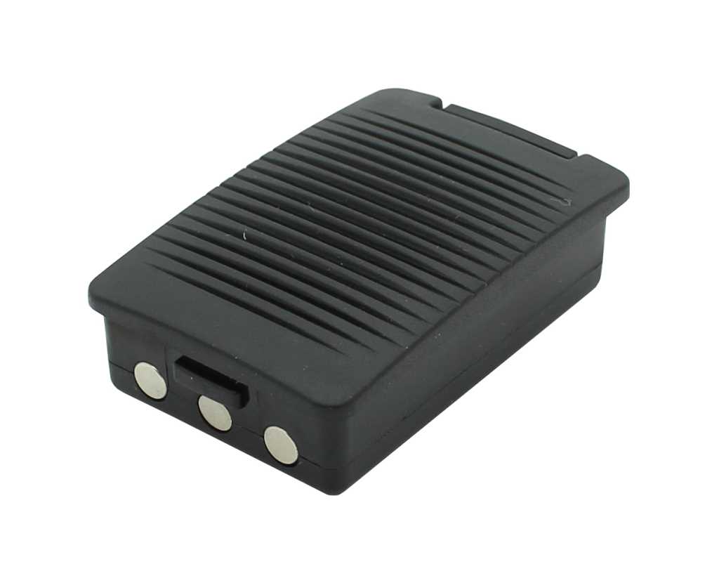 Schwarzer rechteckiger Akku mit geriffelter Oberseite und drei runden Metallkontakten an der Stirnseite