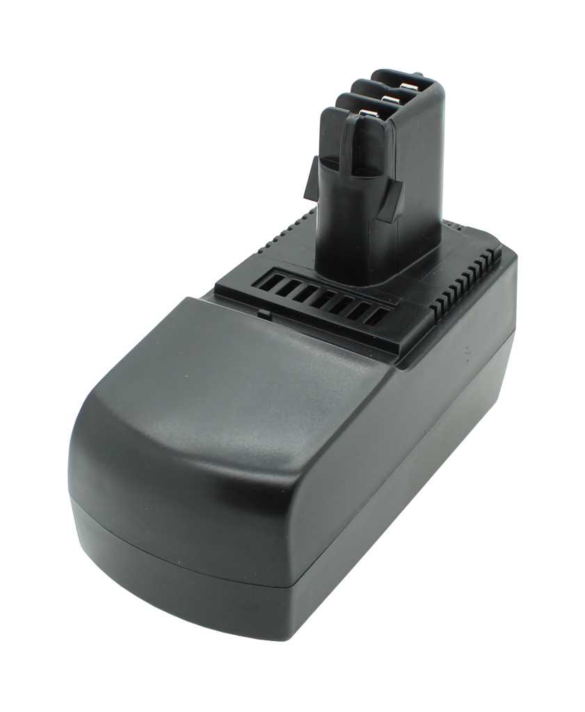 Schwarzer Werkzeugakku mit rechteckigem Gehäuse und obenstehenden Steckkontakten vor weißem Hintergrund