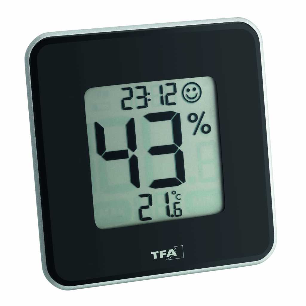 Schwarzes digitales Hygrometer mit Display, zeigt 43 % und 21,6 °C sowie Uhrzeit 23:12 und Smiley-Symbol