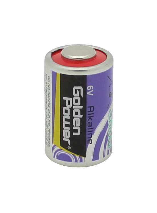 Zylindrische Batterie mit silberner Kappe, rotem Ring und violett-schwarzem Etikett auf weißem Hintergrund