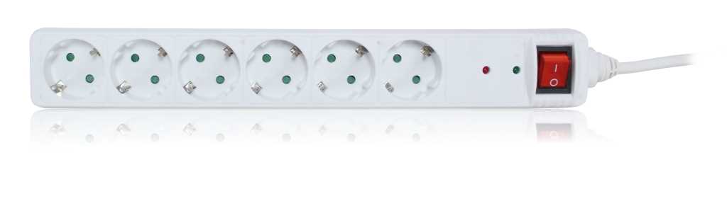 Weiße Steckdosenleiste mit sechs runden Steckplätzen, zwei Kontrollleuchten und rotem Ein-/Aus-Schalter, Kabel rechts
