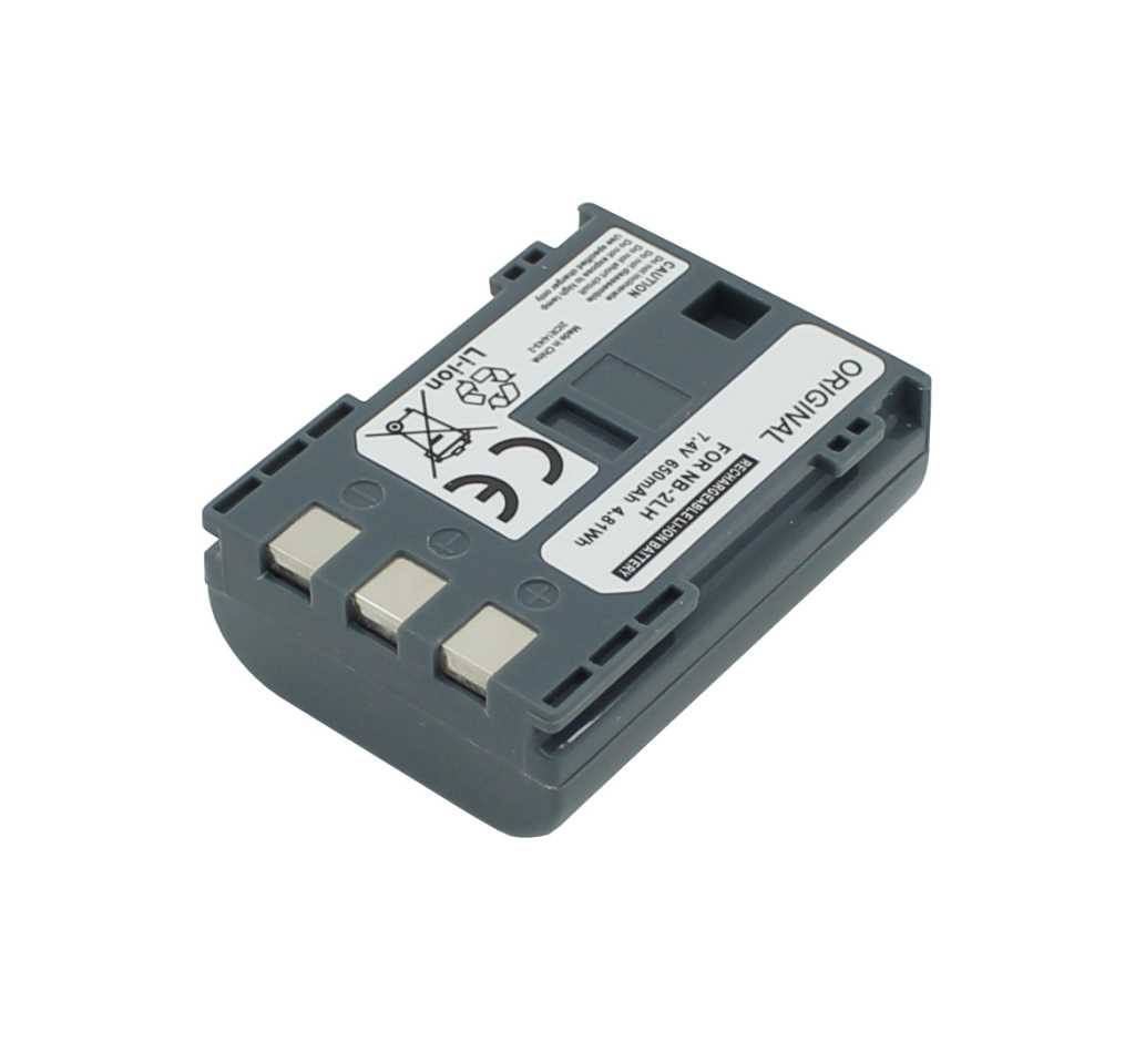 Grauer Kameraakku mit drei Metallkontakten und Etikett auf weißem Hintergrund