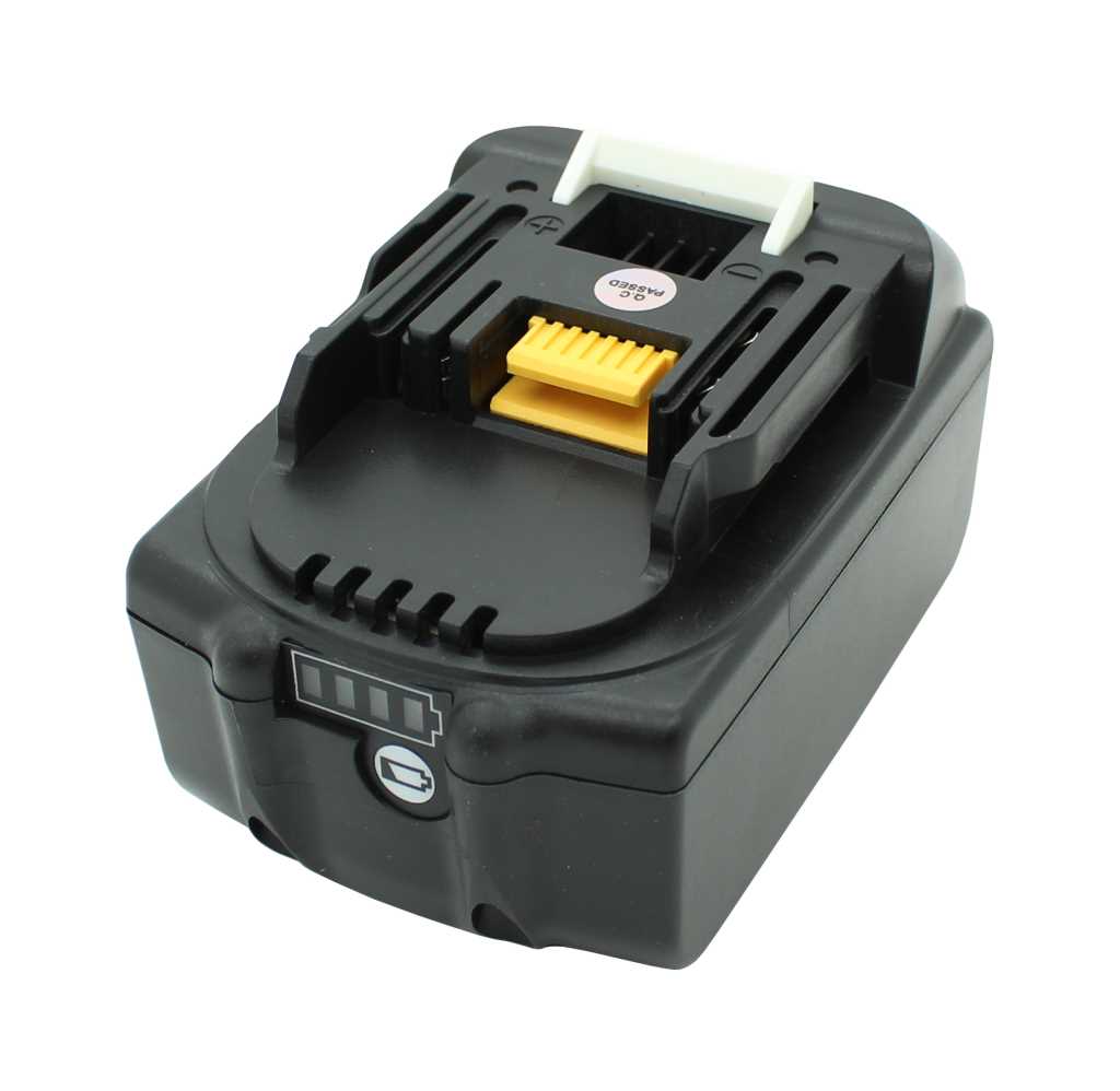 Schwarzer Werkzeugakku mit gelbem Steckkontakt, weißem Entriegelungshebel und Ladeanzeige-Icon auf der Vorderseite