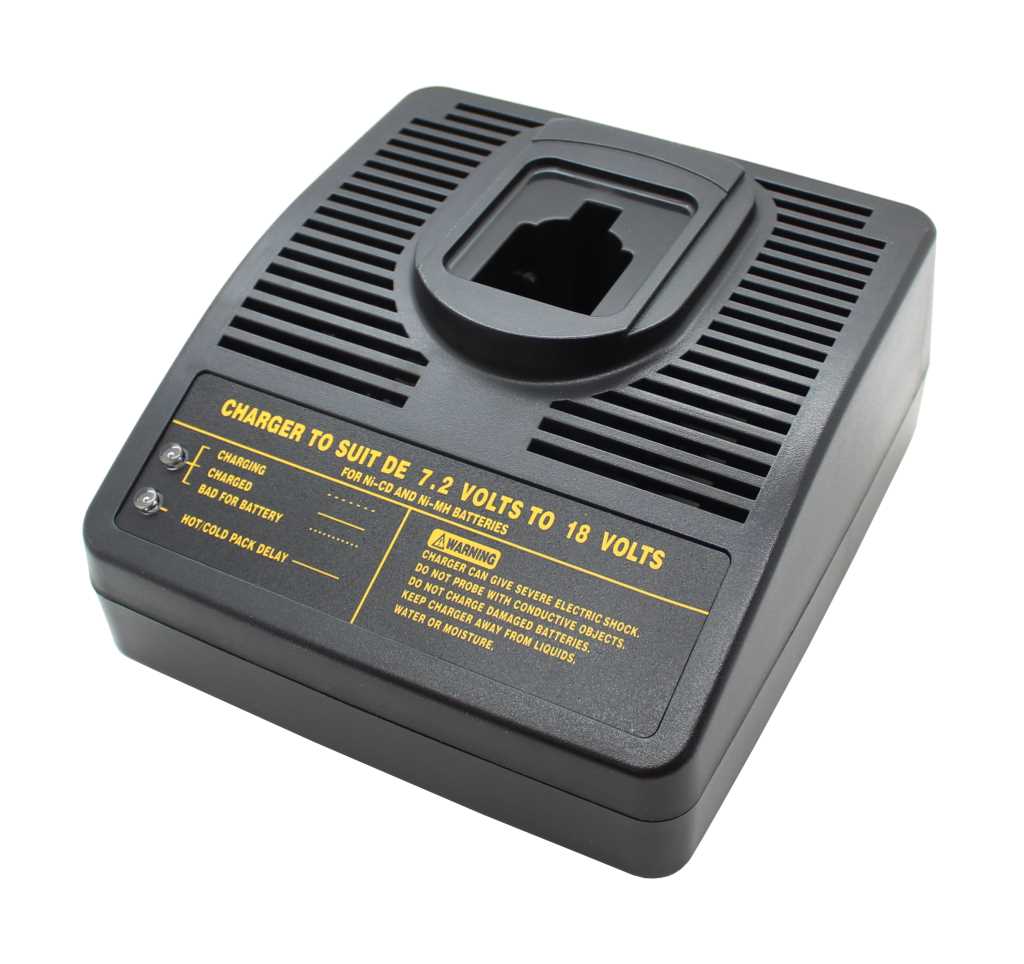 Schwarzes Akkuladegerät mit Lüftungsschlitzen und Steckschacht oben, frontseitig gelbes Beschriftungsfeld mit LEDs