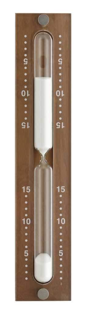 Sanduhr mit weißem Sand in Holzrahmen mit transparentem Schutz und seitlicher Skala 5 bis 15 Minuten