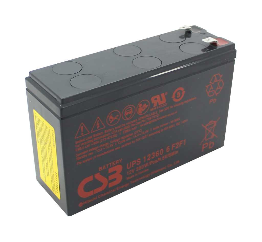 Schwarzer rechteckiger Akku mit zwei Anschlussklemmen oben und roter Aufschrift sowie gelbem Seitenetikett