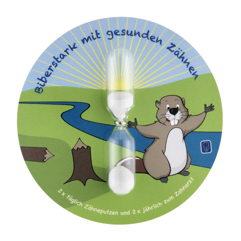 Sanduhr mit weißem Sand auf runder Pappscheibe mit Landschaft, Fluss und Cartoon-Biber mit hochgehobenen Armen