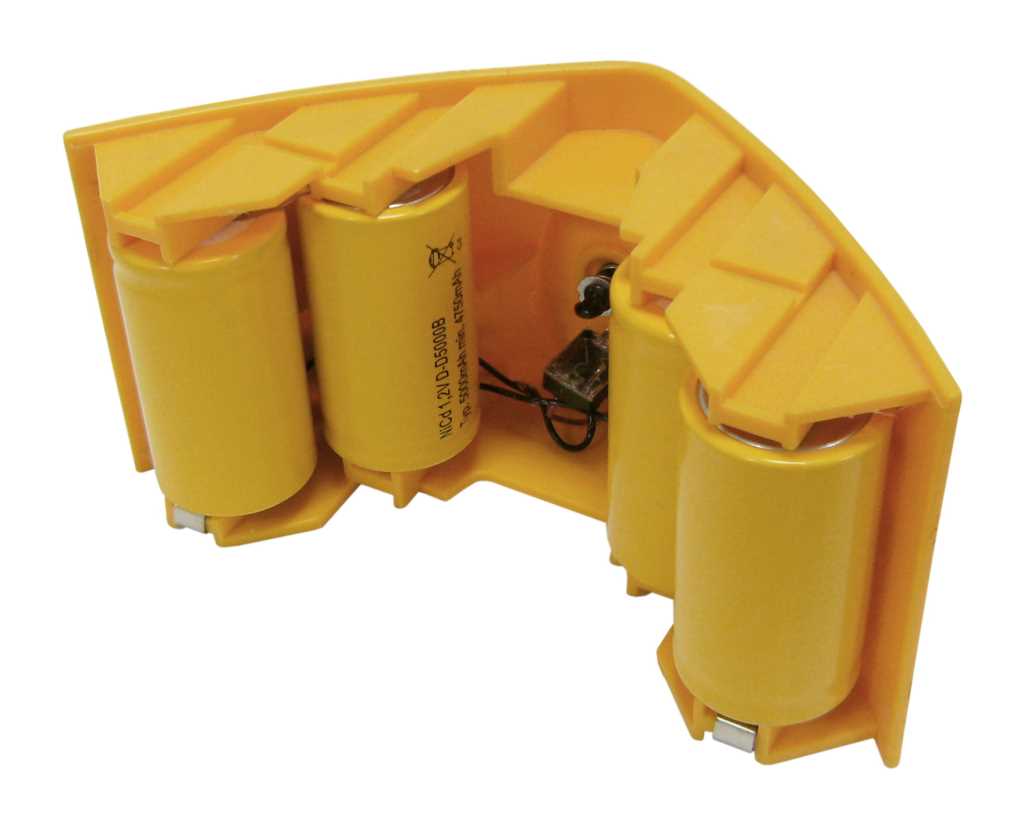 Gelbes Batteriepack mit drei zylindrischen Zellen in gebogenem Kunststoffgehäuse, mit Kabeln und Steckkontakt sichtbar