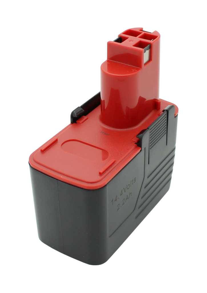 Roter und schwarzer Steckakku mit seitlichen Rillen und Kontaktöffnung oben auf weißem Hintergrund