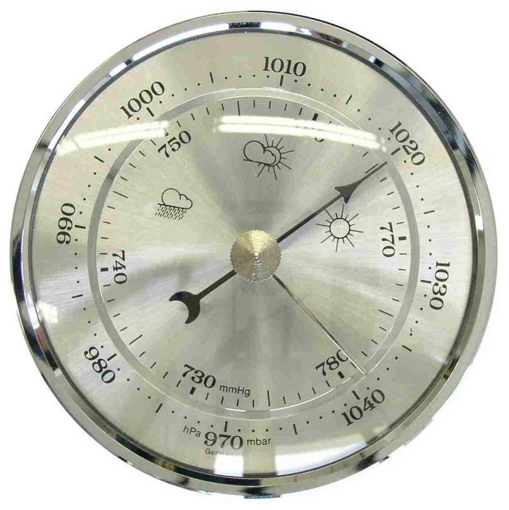 Rundes Barometer mit silbernem Zifferblatt, Skala und zwei Zeigern sowie Wettersymbolen in der Mitte links und rechts oben