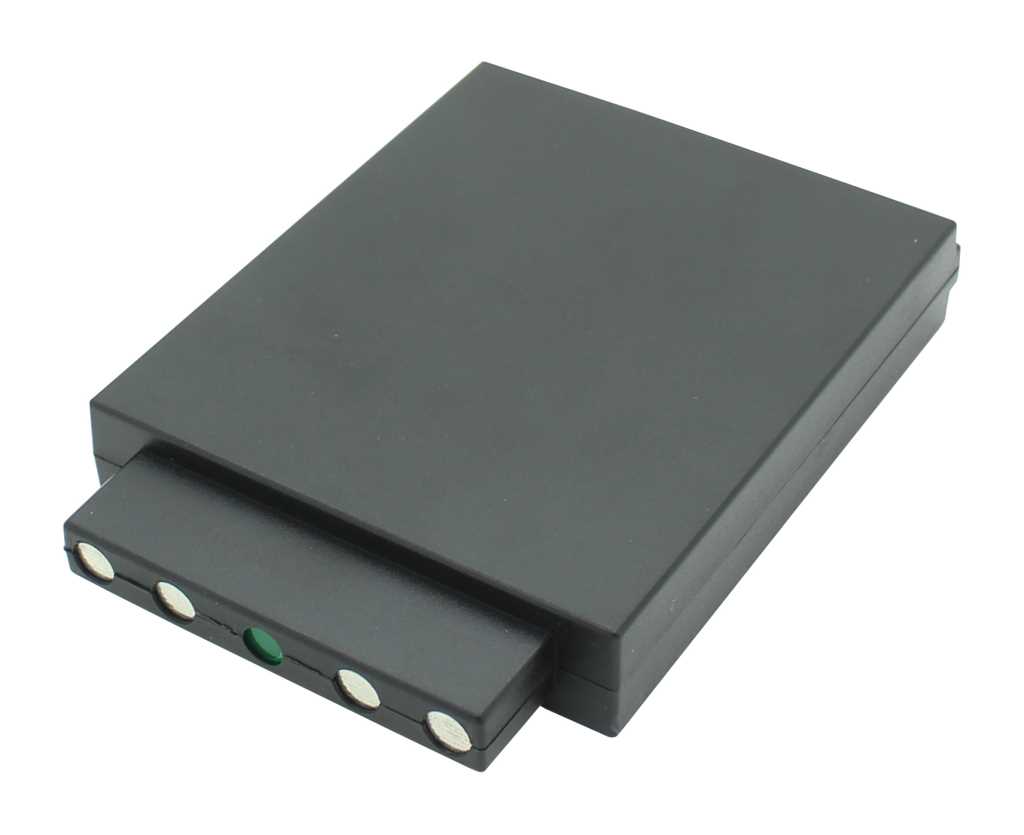 Schwarzer rechteckiger Akku mit herausstehendem Anschluss und fünf runden Kontakten sowie grünem Punkt auf weißem Hintergrund