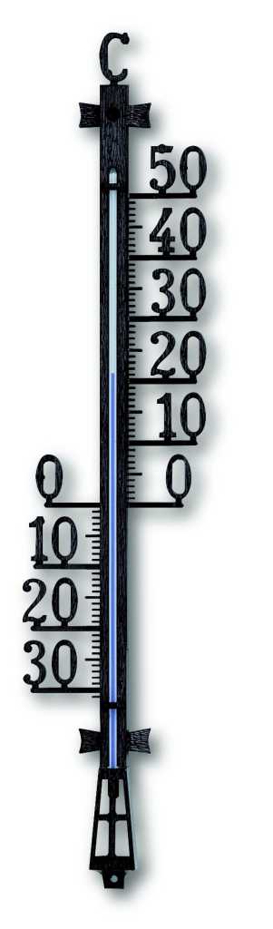 Schwarzes Hängthermometer mit Skala von 50 bis 30 und 0 bis 30 sowie Haken oben und Loch unten