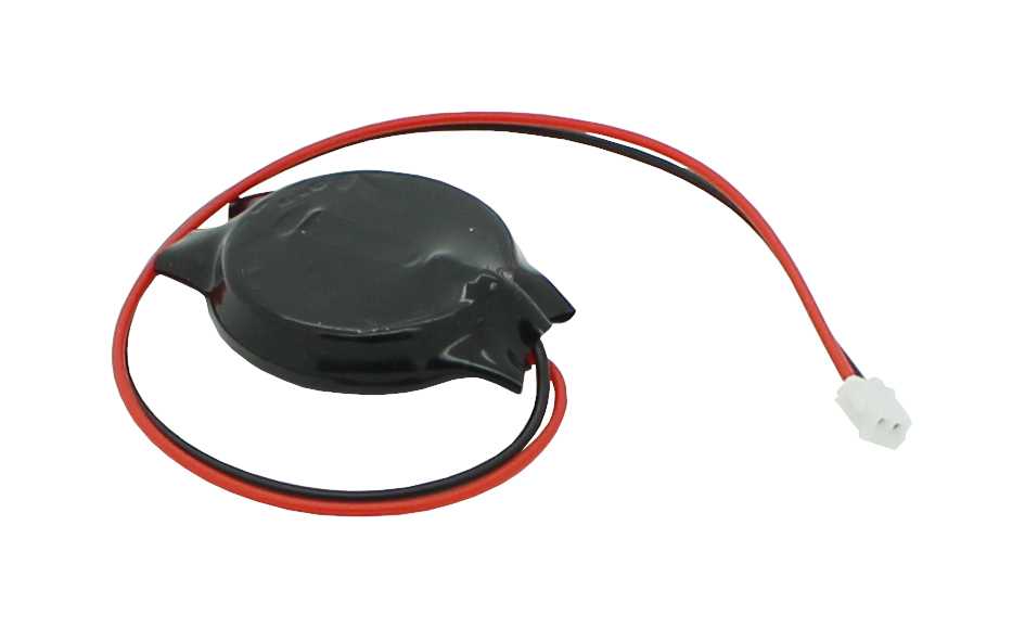 Schwarzes Batteriemodul mit rotem und schwarzem Kabel sowie weißem 2-poligem Stecker auf weißem Hintergrund