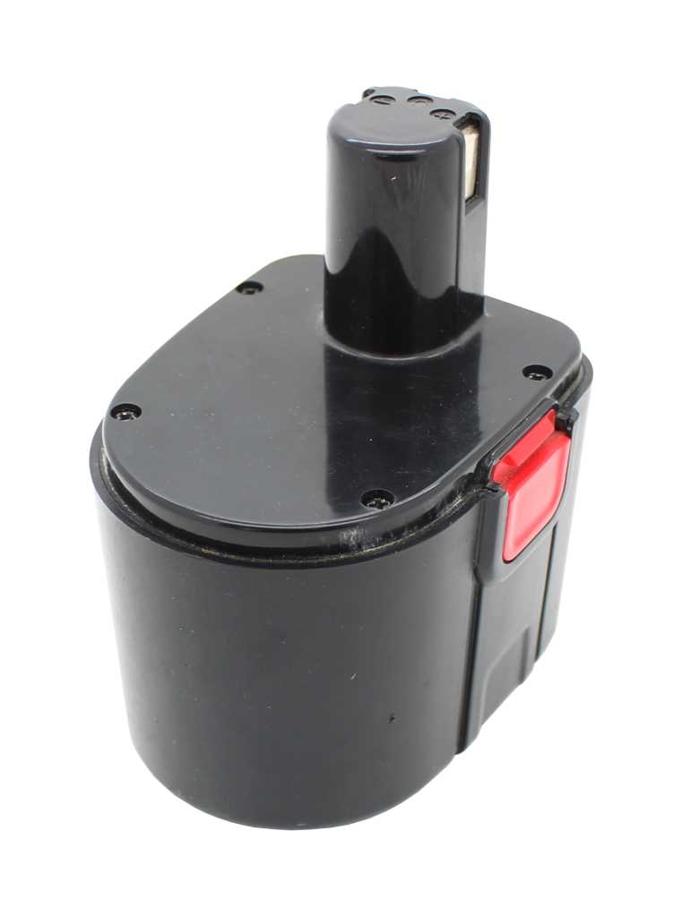 Schwarzer Werkzeugakku mit zylindrischem Gehäuse, aufgesetztem Steckkontakt und roter seitlicher Entriegelungstaste