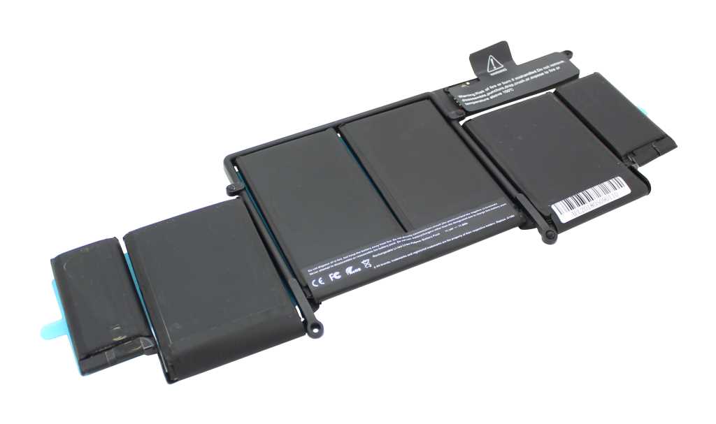 Schwarzer Akku mit sechs rechteckigen Zellen und Anschlusslasche auf weißem Hintergrund