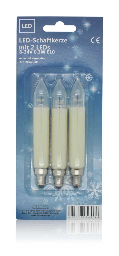 Dreierpack schlanke LED-Kerzenlampen mit Schraubsockel in Blisterverpackung auf blauem Hintergrund mit Schneeflockenmotiven