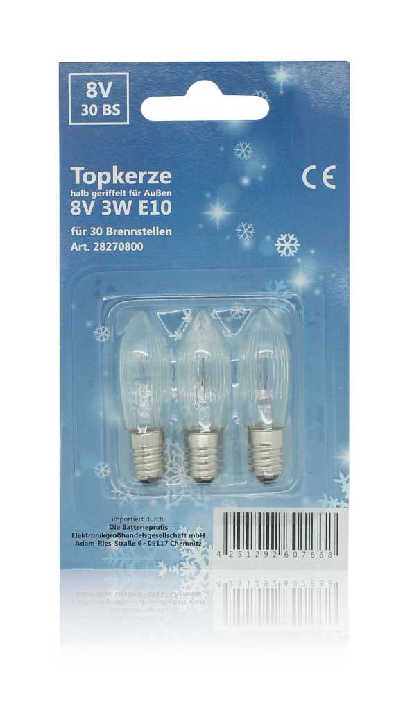 Blisterverpackung mit drei klaren, kerzenförmigen Glühlampen und blauem Hintergrund mit Schneeflockenmotiv