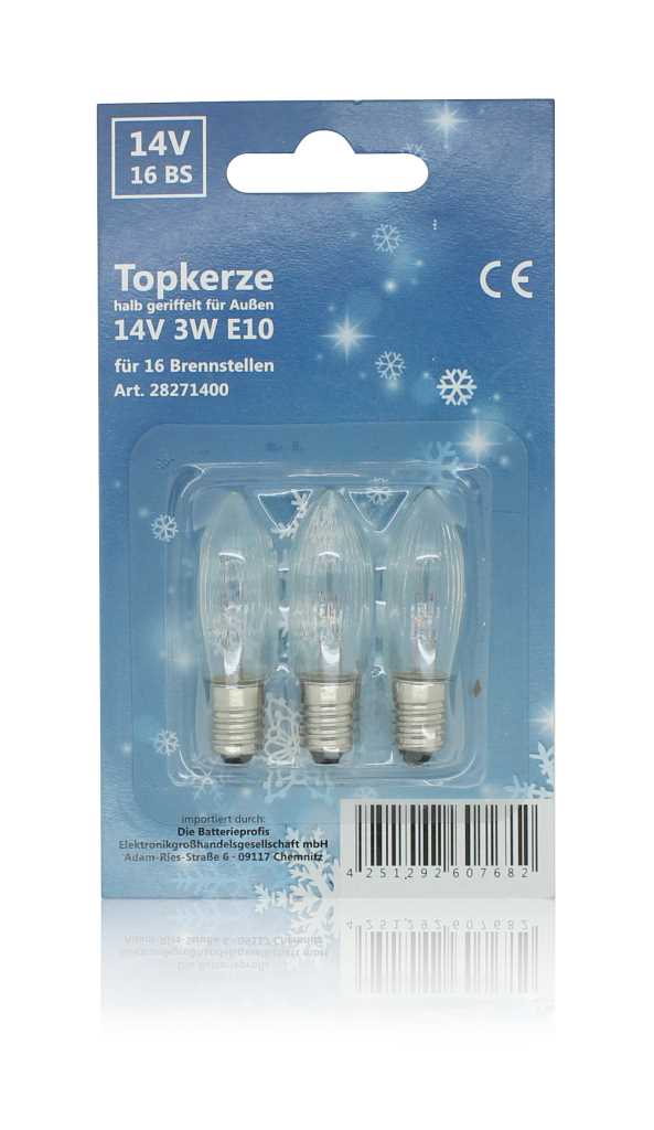 Blisterverpackung mit drei klaren, kerzenförmigen Glühlampen mit Schraubsockel auf blauem Karton mit Schneeflockenmotiven