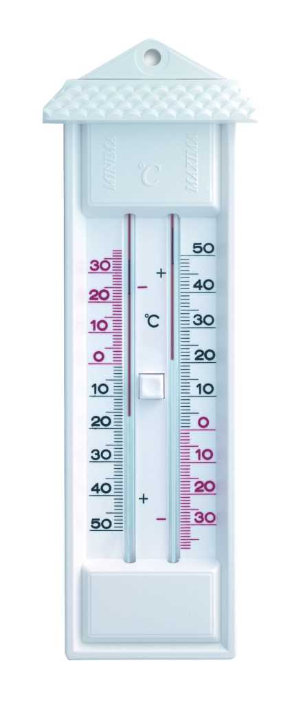 Weißes Thermometer zum Aufhängen mit zwei Skalen und Drucktaste in der Mitte, oben Dachform mit Loch