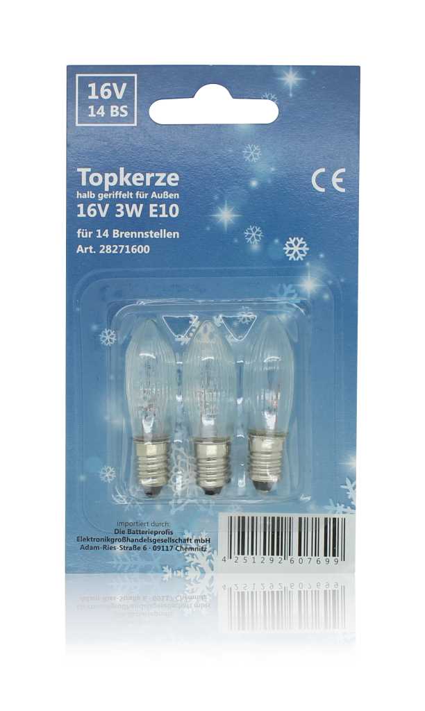 Blisterverpackung mit drei klaren, kerzenförmigen Glühlampen mit Schraubsockel vor blauem Hintergrund mit Schneeflockenmotiv