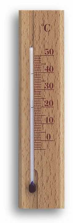 Holzthermometer mit Glasröhre und Celsius-Skala von 0 bis 50, Nahaufnahme