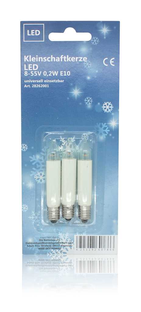 Blisterverpackung mit drei weißen Kerzenlampen mit E10-Schraubsockel vor blauem Hintergrund mit Schneeflockenmotiv