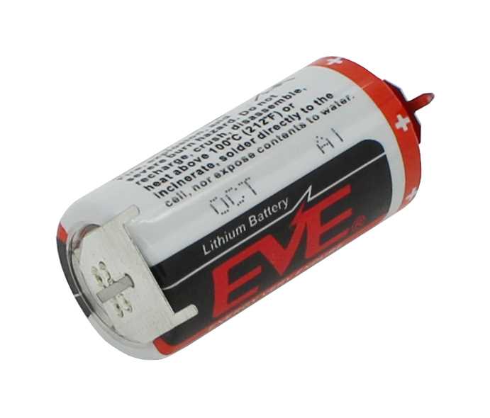 Zylindrische Lithiumbatterie mit Lötfahnen, seitlich liegend, roter und schwarzer Aufdruck, Plusmarkierung am Ende