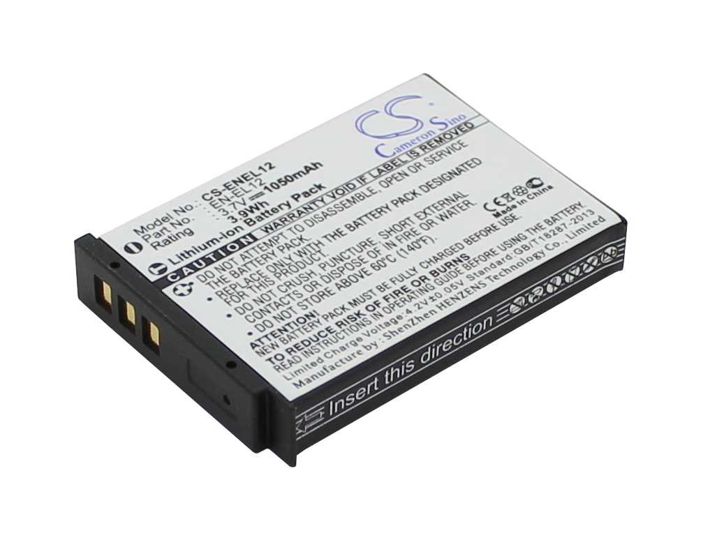 Rechteckiger Kameraakku in Schwarz-Silber mit seitlichen Kontakten, schräg von oben auf weißem Hintergrund