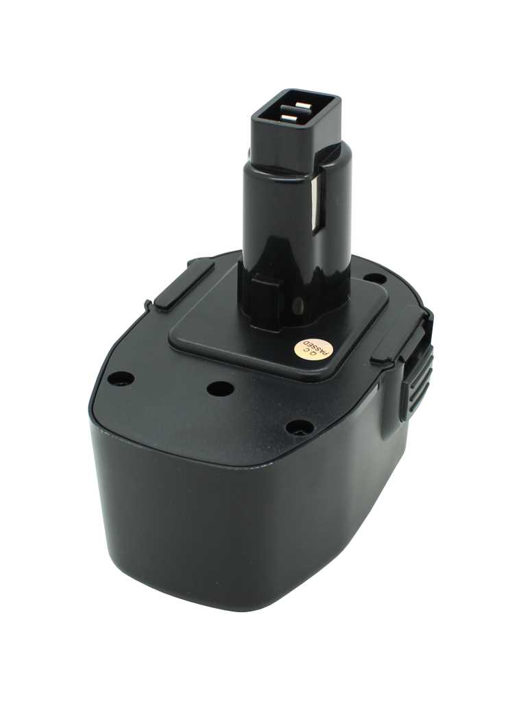 Schwarzer Werkzeugakku mit rechteckigem Steckkontakt oben und seitlichen Entriegelungstasten, freigestellt auf Weiß