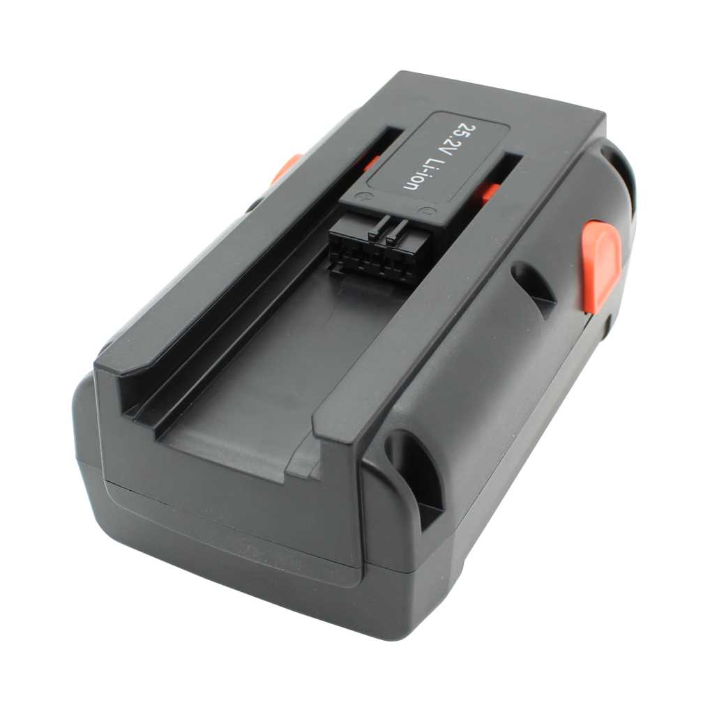 Schwarzer Akkupack mit orangefarbenen Entriegelungstasten und Steckkontakt, schräg von oben auf weißem Hintergrund