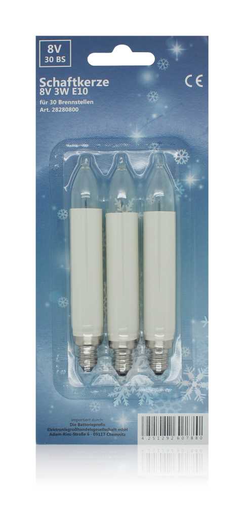 Dreierpack weiße Kerzenlampen mit Schraubsockel in Blisterverpackung vor blauem Hintergrund mit Schneeflockenmotiv