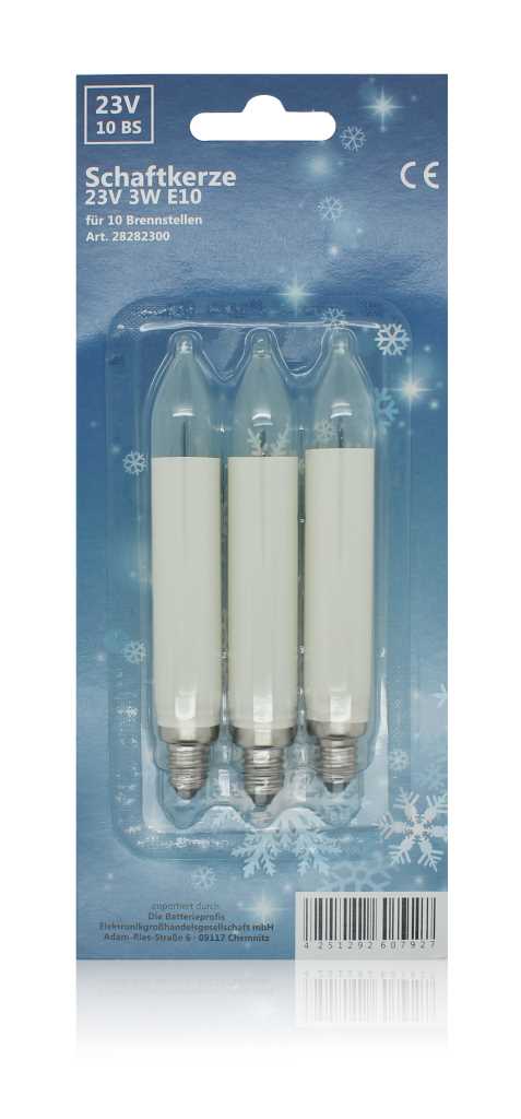 Blisterverpackung mit drei weißen, kerzenförmigen Glühlampen mit Schraubsockel vor blauem Hintergrund mit Schneeflockenmotiv