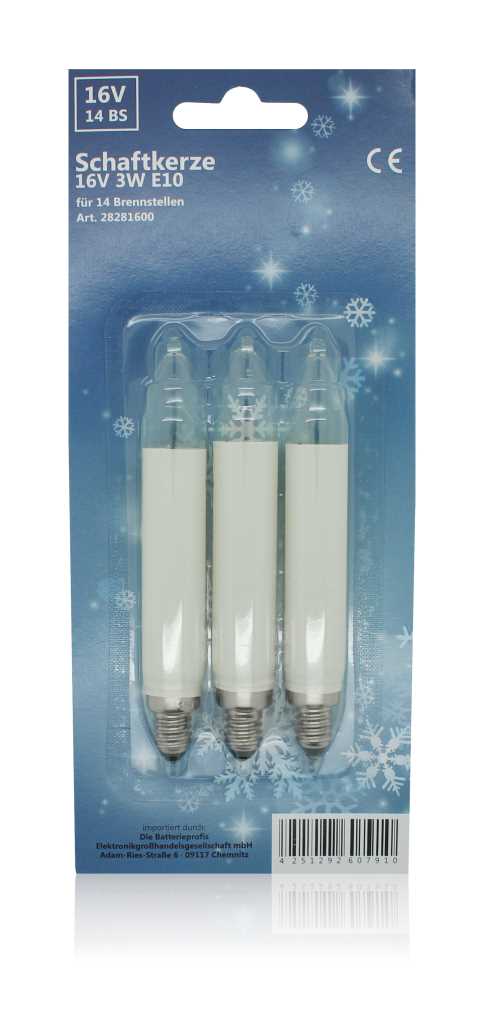 Blisterpackung mit drei weißen, kerzenförmigen Glühlampen auf blauer Karte mit Schneeflockenmotiv