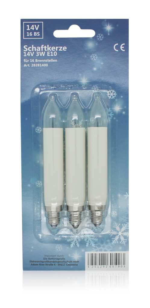 Blisterverpackung mit drei weißen Kerzenlampen mit Schraubsockel vor blauem Hintergrund mit Schneeflockenmotiv