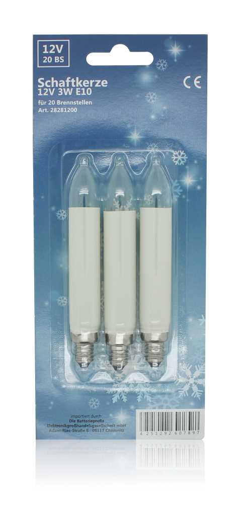 Blisterverpackung mit drei weißen Kerzenlampen mit Schraubsockel vor blauem Hintergrund mit Schneeflockenmotiv