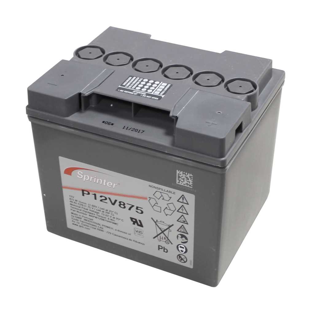 Grauer Batterieblock mit sechs runden Verschlusskappen oben und Etikett mit Sicherheits- und Recyclingsymbolen an der Seite