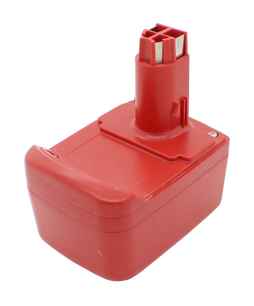Roter Werkzeugakku mit rechteckigem Gehäuse und hohem Steckanschluss mit Metallkontakten auf weißem Hintergrund