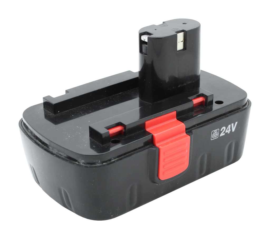 Schwarzer Werkzeugakku mit roter Entriegelungstaste und Aufdruck 24V auf der Seite, weißer Hintergrund