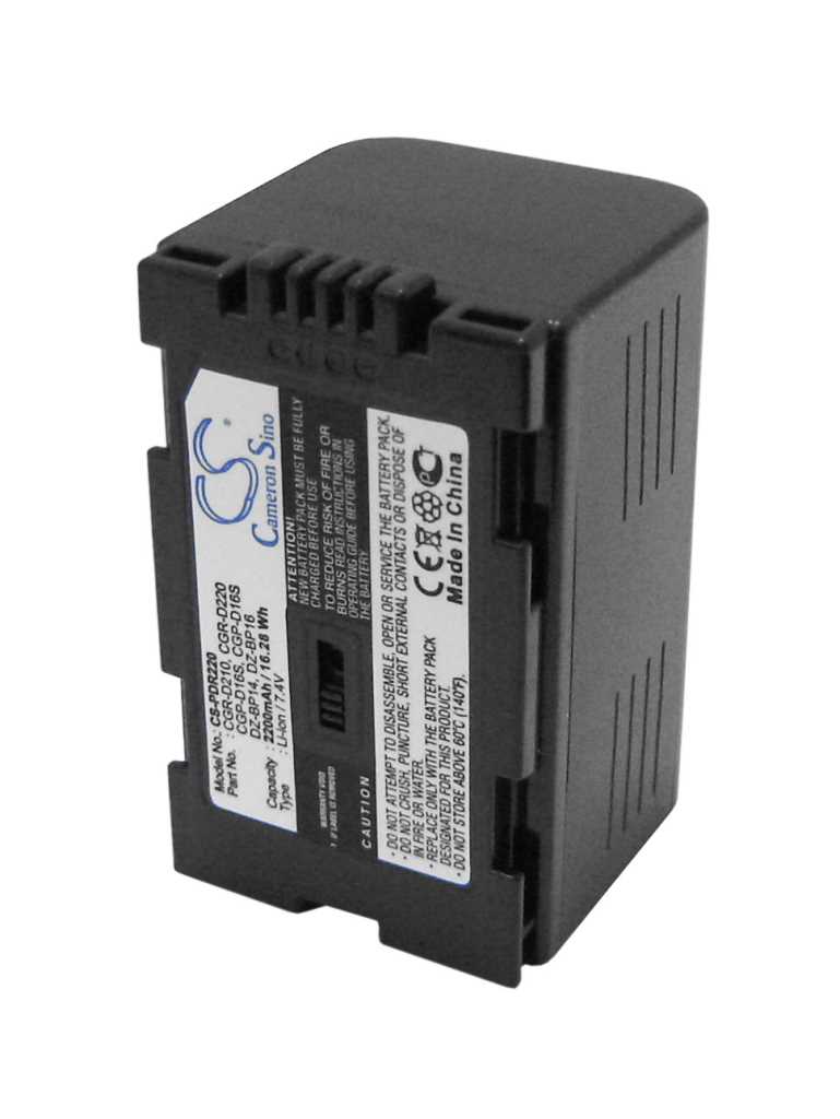 Schwarzer rechteckiger Kameraakku mit seitlichen Rillen und Etikett auf der Vorderseite, schräg fotografiert