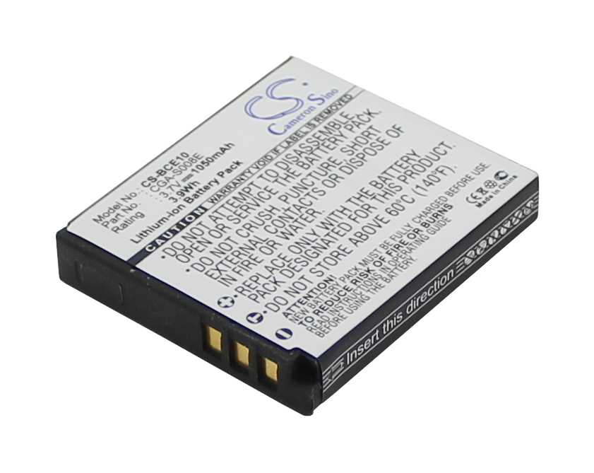 Rechteckiger Kameraakku in Schwarz und Silber mit sichtbaren Kontakten und Warnhinweisen auf der Oberseite