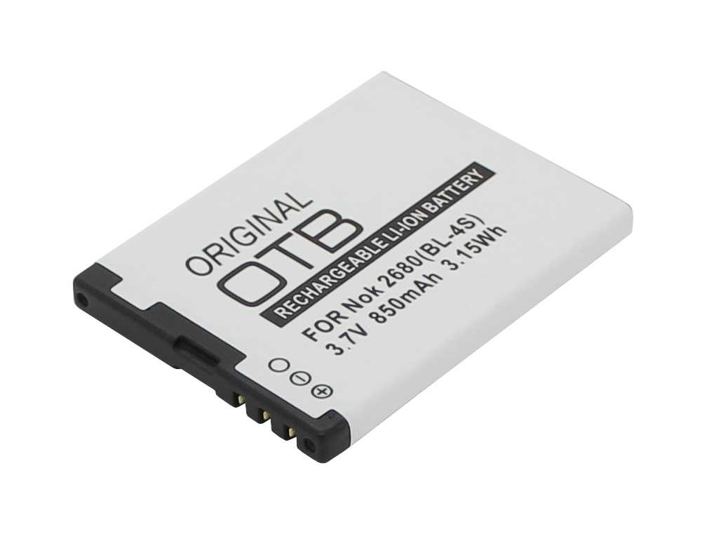 Weißer Handy-Akku mit schwarzer Kontaktleiste und drei goldenen Kontakten, schräg von oben fotografiert