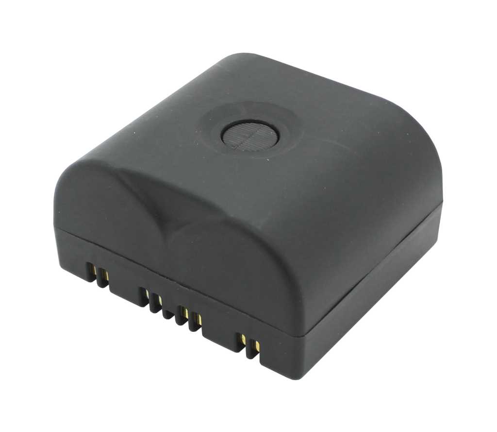 Schwarzes rechteckiges Batteriepack mit abgerundeten Ecken, runder Vertiefung oben und Kontaktleiste an der Seite