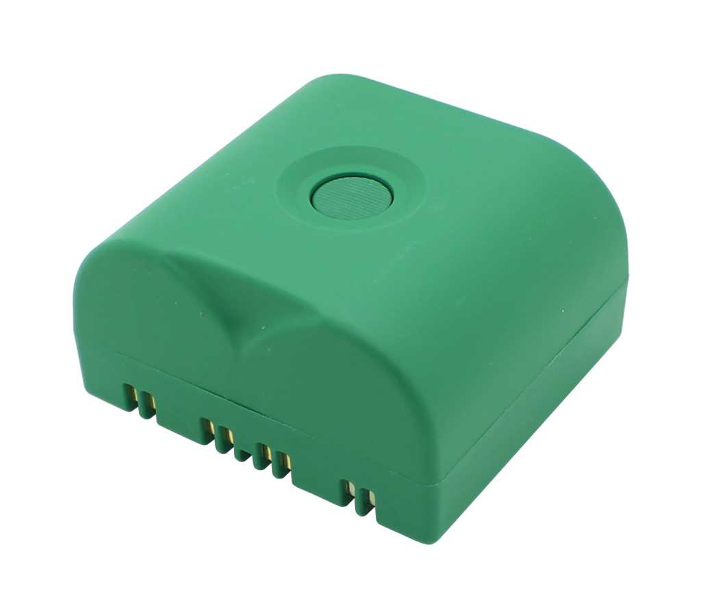 Grünes rechteckiges Batteriemodul mit rundem Einsatz oben und Kontaktleisten an einer Seite