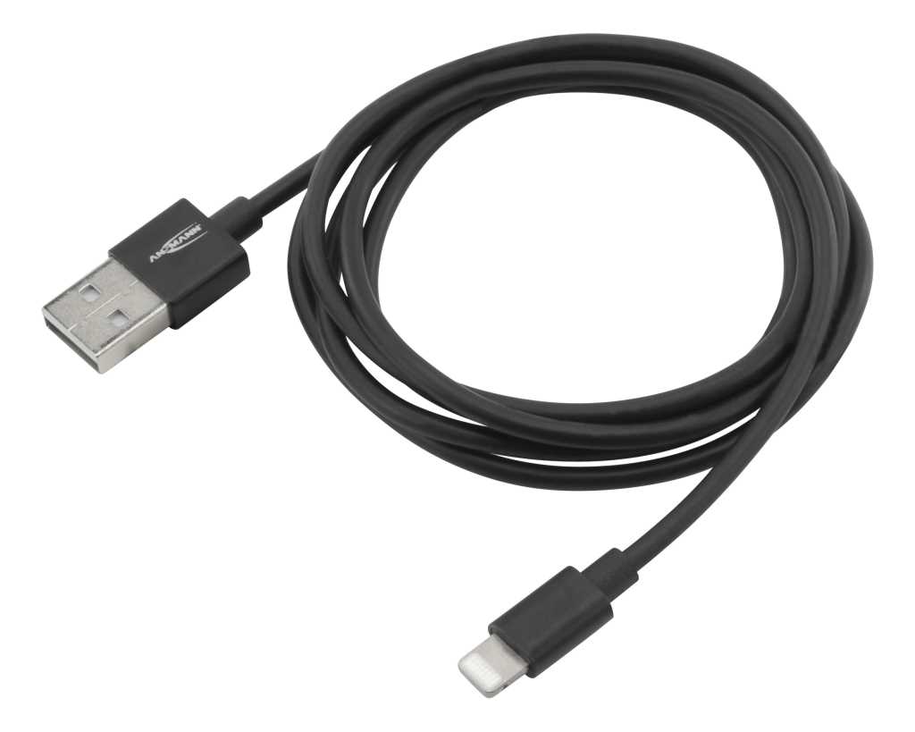 Schwarzes Kabel, aufgewickelt, mit USB-A-Stecker und Lightning-Stecker an den Enden